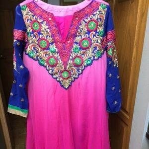 Hot pink with blue sleaves long indian dress